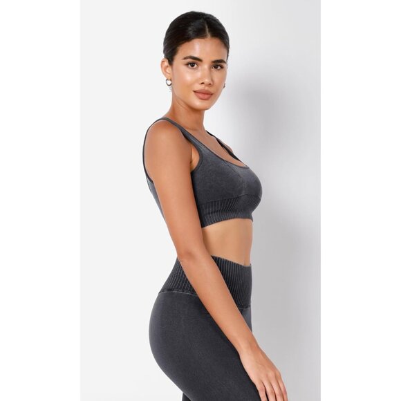 Women's Stone Washing Black Square Neck Low Back Ribbed Cropped Sports Bra - Picture 3 of 5